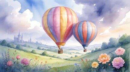 Naklejka premium Colorful hot air balloons flying over scenic countryside landscape with flowers and soft clouds in dreamy sky for travel and adventure concept