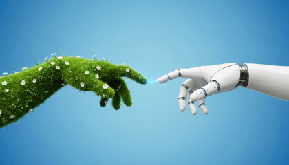 Grass and Flowers Hand Touching Humanoid Robot Hand. Future sustainability and AI technology concept.