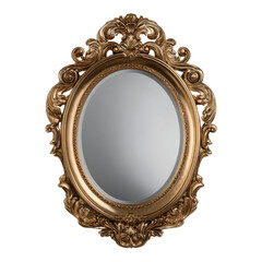 Antique oval mirror with an ornate gold carved frame against a black background vintage, Isolated On White, Png Transparent, Cut Out