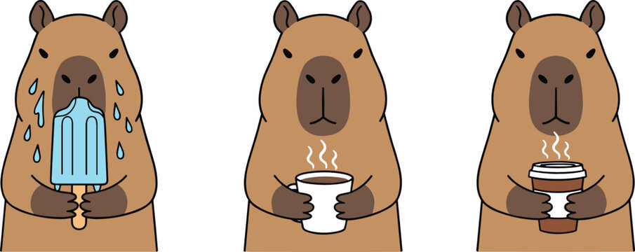 Funny cartoon bear vector set showing summer heat, warm drink enjoyment, and cozy mood changes in simple character illustration