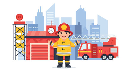 Naklejka premium Adorable child wearing firefighter uniform and helmet standing in front of fire station and truck. Kids dreaming about brave emergency service jobs and public safety career concept.