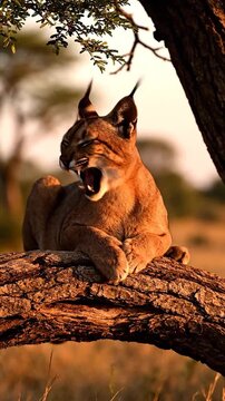 A beautiful caracal wild cat resting on a tree branch at sunset.
