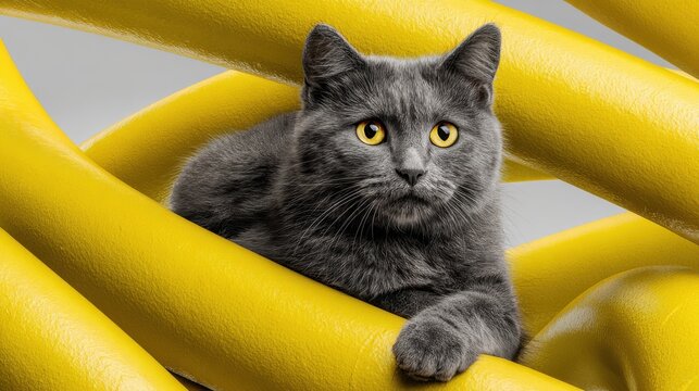 Cat perched on yellow object illustrating operational flow in a conceptual representation of optimization and success