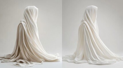 Elegant cashmere scarf mockup displayed front and back side by side on smooth white to light gray gradient background, fabric draping naturally with soft folds, studio lighting highlighting weave