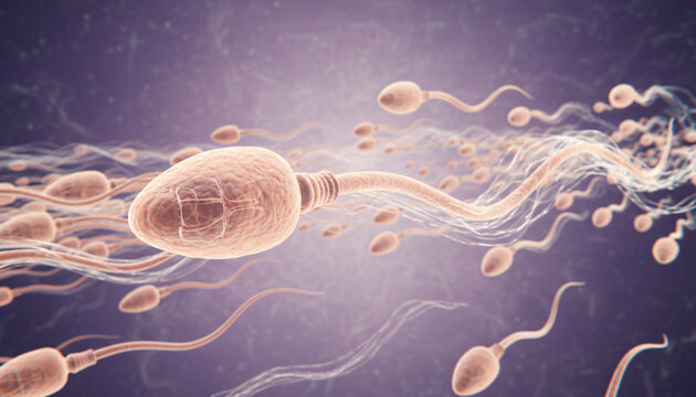 Sperm cells swimming in fluid. Microscopic view of spermatozoa movement for reproductive health, fertilization and biology context