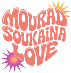 Retro wavy text design in heart shape with names Mourad Soukaina Love, vintage style typographic poster