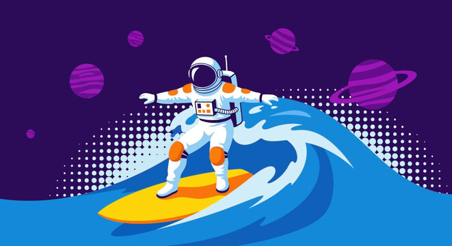 Whimsical illustration of an astronaut surfing a large blue wave in the vastness of outer space with purple planets.