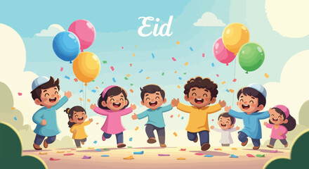 Fototapeta premium A group of diverse children celebrating Eid with colorful balloons and confetti in a joyful outdoor scene with a bright blue sky and fluffy clouds.