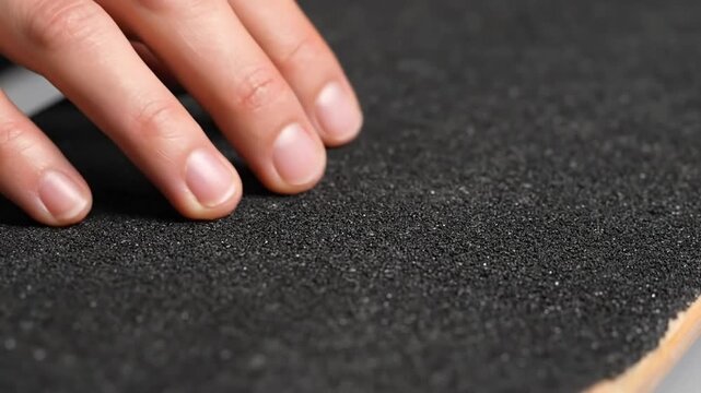 Close-Up Hand Touching Skateboard Grip Tape Texture