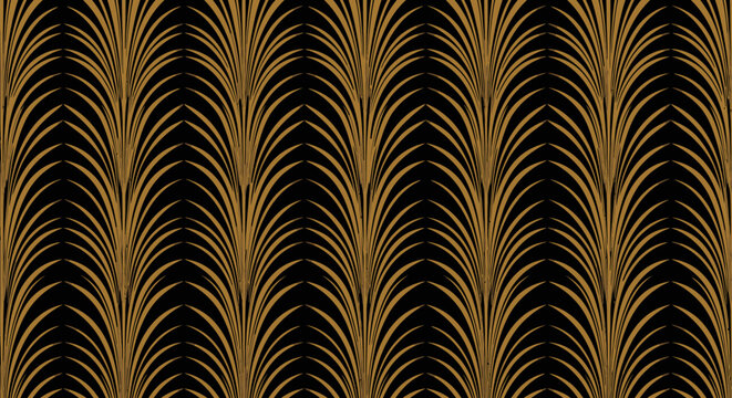 Elegant Art Deco style seamless pattern with golden fan-like motifs on a black background, creating a luxurious and rhythmic design.