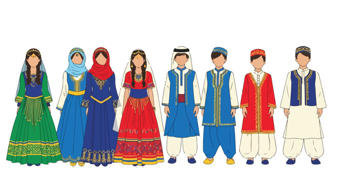 Flat illustration of diverse people wearing traditional clothing from various cultures standing in a row on a white background.