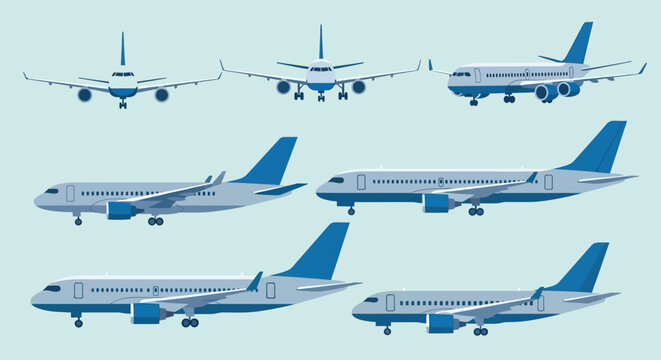 Collection of various passenger airplanes depicted from multiple angles, including front and side views, against a light blue background.