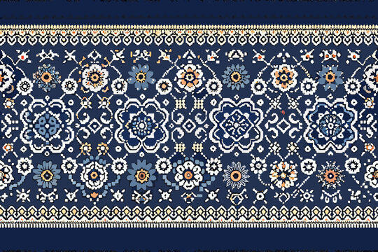 Intricate blue and orange floral pattern border design seamless repeat