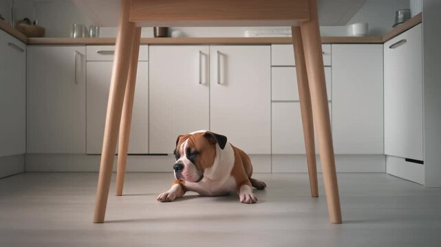 A guilty dog lies under a wooden table in a modern kitchen with a mix of shame and innocence on its face.