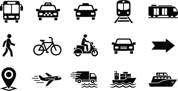 Set of transport and logistics icons black silhouette style, including bus, taxi, train, bicycle, airplane, cargo ship, truck, and navigation map pointer vector illustration
