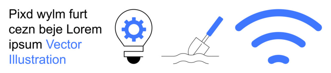 Technology, innovation, communication, problem-solving, digital transformation, wireless networking. Gear in a lightbulb, a digging shovel and a wireless signal. Technology and innovation concept © robu_s