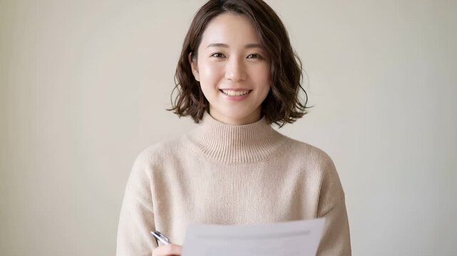 マットなライトウォームベージュ背景に自然光が差し込む、若い日本人女性のショルダーアップポートレート。
ライトベージュの春用ニットで上品で清潔な印象を演出。
画面下部にさりげなく見える書類とペンが確定申告や税務手続きを想起させる。
金融機関、会計事務所、税務サービス、春のコーポレート広告に最適。