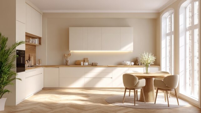 Modern kitchen interior design with table and chairs