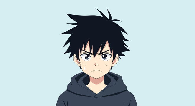 Anime style young man with spiky black hair and angry expression.