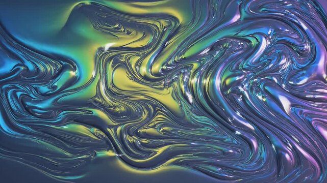 Dynamic iridescent liquid l surface with vibrant swirling colors creating