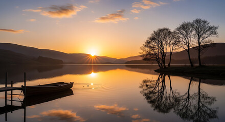 Serene Sunset Over Calm Lake with Silhouetted Trees and Mountain Background.
