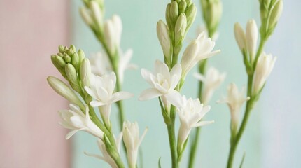 Fototapeta premium Delicate white tuberose flowers with green buds on pastel background