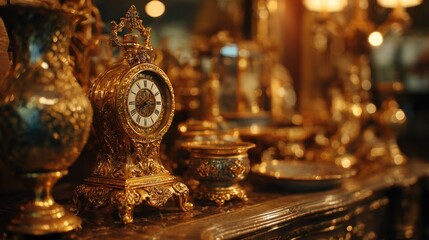 Fototapeta premium Golden antique clock and decorative objects