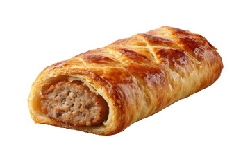 Golden brown baked sausage roll with flaky pastry and visible meat filling image 1, Png, Isolated on Transparent Background, Cut Out