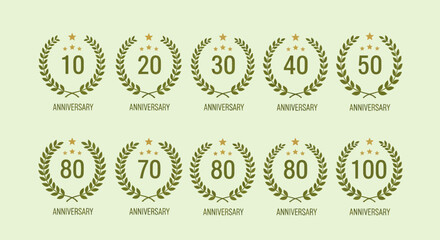 Anniversary celebration badges with laurel wreaths and stars in various years. © Ira Project