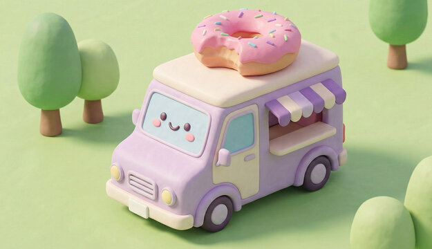Single cute pastel clay 3D donut food truck, kawaii face on windshield with tiny blush and curved smile