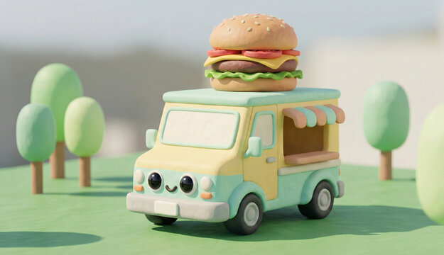 Single adorable pastel clay 3D burger food truck, cute expressive face on the front bumper, big glossy eyes and tiny smile