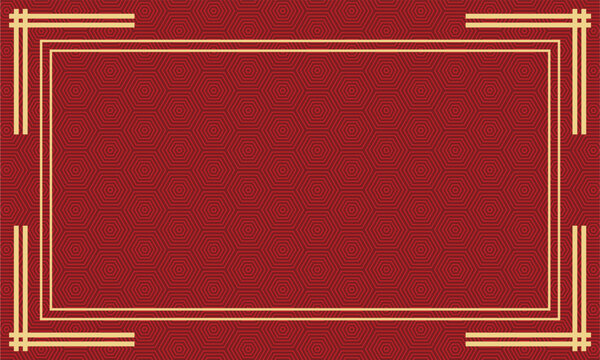 Red geometric background with gold decorative frame and hexagon pattern, inspired by luxury oriental style.
