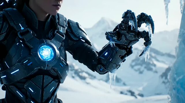 Operator Skill Augmentation empowering a formidable futuristic warrior in advanced cybernetic armor, showcasing her powerful icy gauntlet amidst a stark, frozen mountain landscape.
