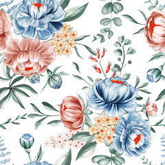 Watercolor Floral Seamless Pattern: Peonies & Eucalyptus for Textile, Fabric, Packaging & Digital Design Backgrounds