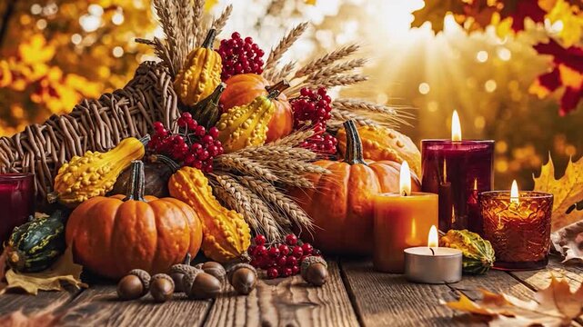 Autumn harvest cornucopia with pumpkins and candles on a table
