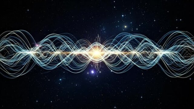 Abstract Visualization of Energy Wave Propagation Across Dark Cosmic Background with Bright Center Point and Stellar Particles