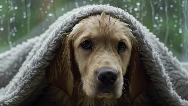 Adorable wet puppy covered in a cozy blanket on a rainy day looking at