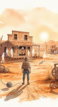Lone frontiersman faces spectral figures outside an arid frontier settlement at sunset