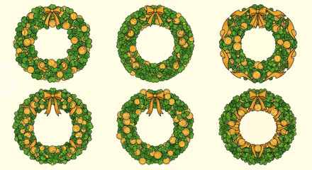 Six christmas wreaths arranged in two rows on a pale background, viewed from directly above, showcasing festive decorations