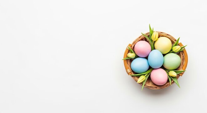 A basket of colorful Easter eggs with green leaves on a white background.