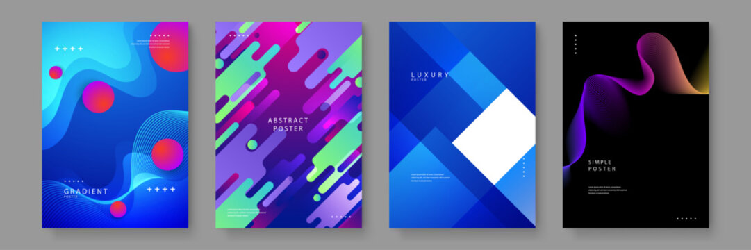 Set of four diverse poster designs including fluid liquid shapes motion lines and geometric squares for high-end branding projects