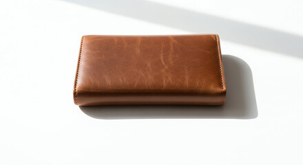 Brown leather wallet placed on a white surface with shadow.
