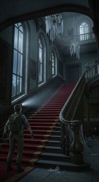 Explorer with headlamp illuminates grand, decaying staircase inside a shadowed manor