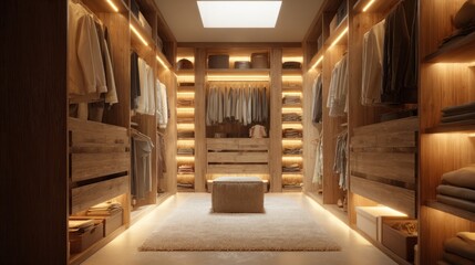 Modern walk in closet with warm lighting