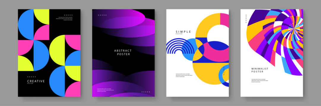 Collection of four diverse abstract posters featuring geometric patterns dark backgrounds and vibrant color accents