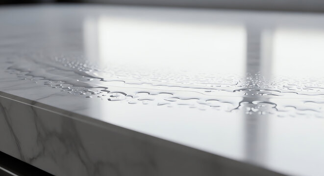 Close-up of a modern white marble surface with water droplets and reflections.
