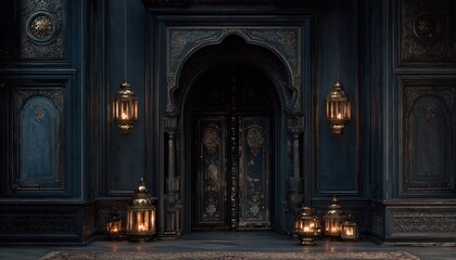 Fototapeta premium Ornate dark blue interior space illuminated by glowing metallic lanterns flanking an arched doorway