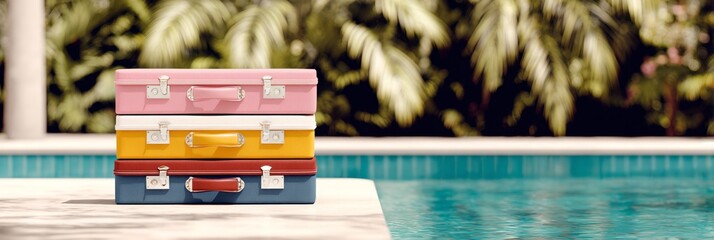 Three suitcases are stacked on top of each other by a pool