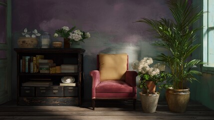 Room with a purple wall and a chair with a yellow pillow