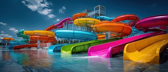 Colorful water park slides against a blue sky